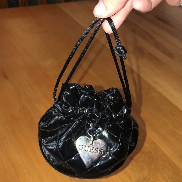 Guess Black Patten Mini Cinched Bag w Silver Heart - Picture 3 of 6